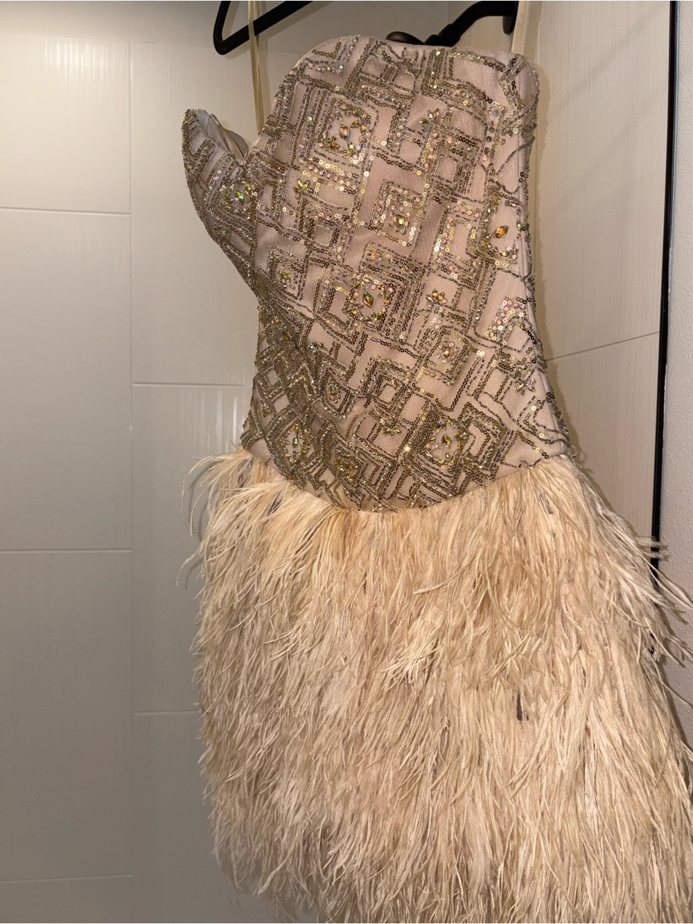 Source Unknown Blush Sequin Embellished Strapless Feather Mini Dress - Picture 13 of 16